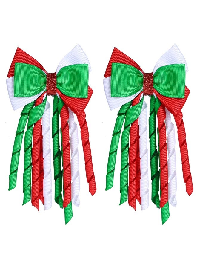 LSVOZ Christmas Hair Bow Clips 3 Inch Curly Ribbon Hair Clips Girls Handmade Cheer Hair Accessories for Christmas Party Decor, Green & Red & White - Image 1